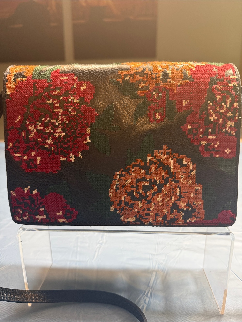 Patricia Nash Black Crossbody with Red and Orange Floral Pixel Print